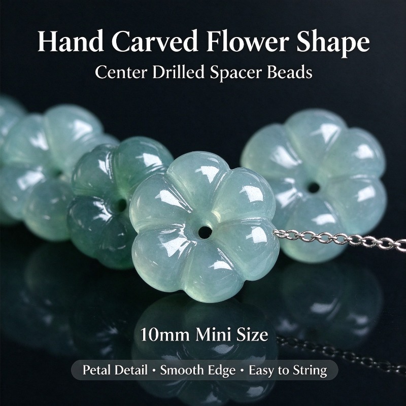 Beading - 10 ชิ้น ลูกปัดหินหยกน้ำสีน้ำเงินพม่าธรรมชาติ แกะสลักด้วยมือ รูปดอกไม้ห้ากลีบ สำหรับทำสร้อยข้อมือและต่างหู