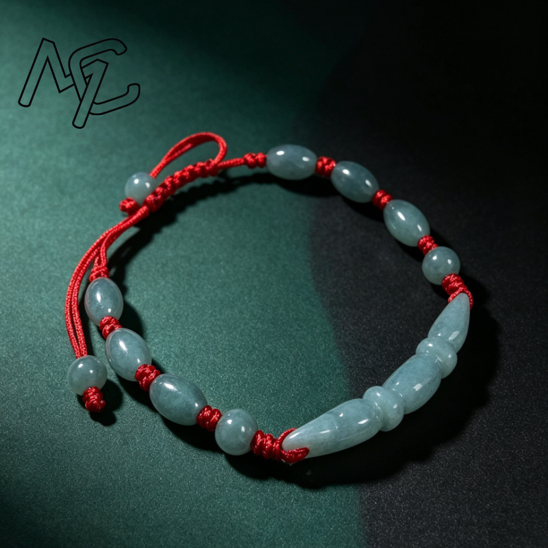 Beading - หยกน้ำสีน้ำเงินธรรมชาติ มรกตพม่า ลูกปัดรูปโคนรากบัว สร้อยข้อมือ DIY เครื่องประดับถักมือทรงกลม